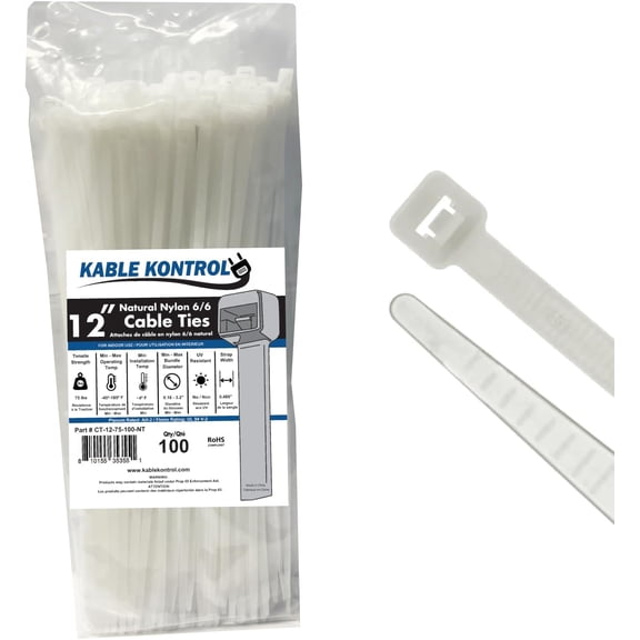 Kable Kontrol Clear Zip Ties - 12" Inch Long - Natural - 75 Lbs Tensile Strength - 100 pc Pack