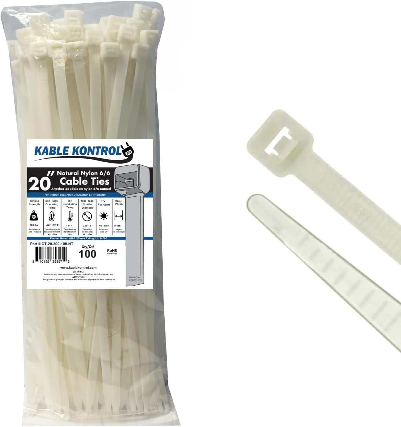 Kable Kontrol Clear Zip Ties - 20" Inch Long Extra Heavy Duty - Natural - 300 Lbs Tensile Strength - 100 pc Pack