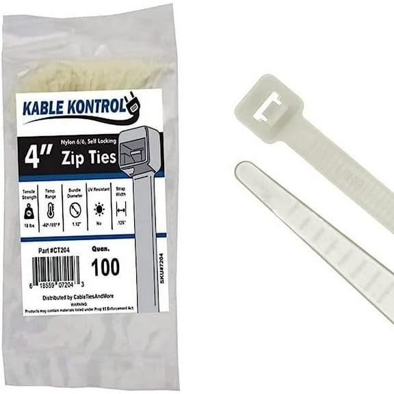Kable Kontrol Clear Zip Ties - 4" Inch Long - Natural Nylon - 18 Lbs Tensile Strength - 100 pc Pack - CT204