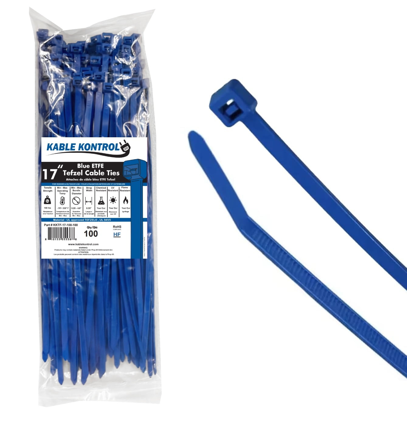 Kable Kontrol ETFE Tefzel Cable Zip Ties - 17" - 100 lbs - 100 Pcs Pack - Blue