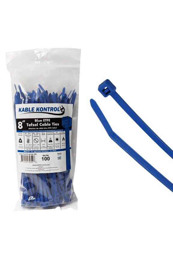 ETFE Tefzel Cable Zip Ties - 8" - 50lbs - 100 Pcs Pack - Blue