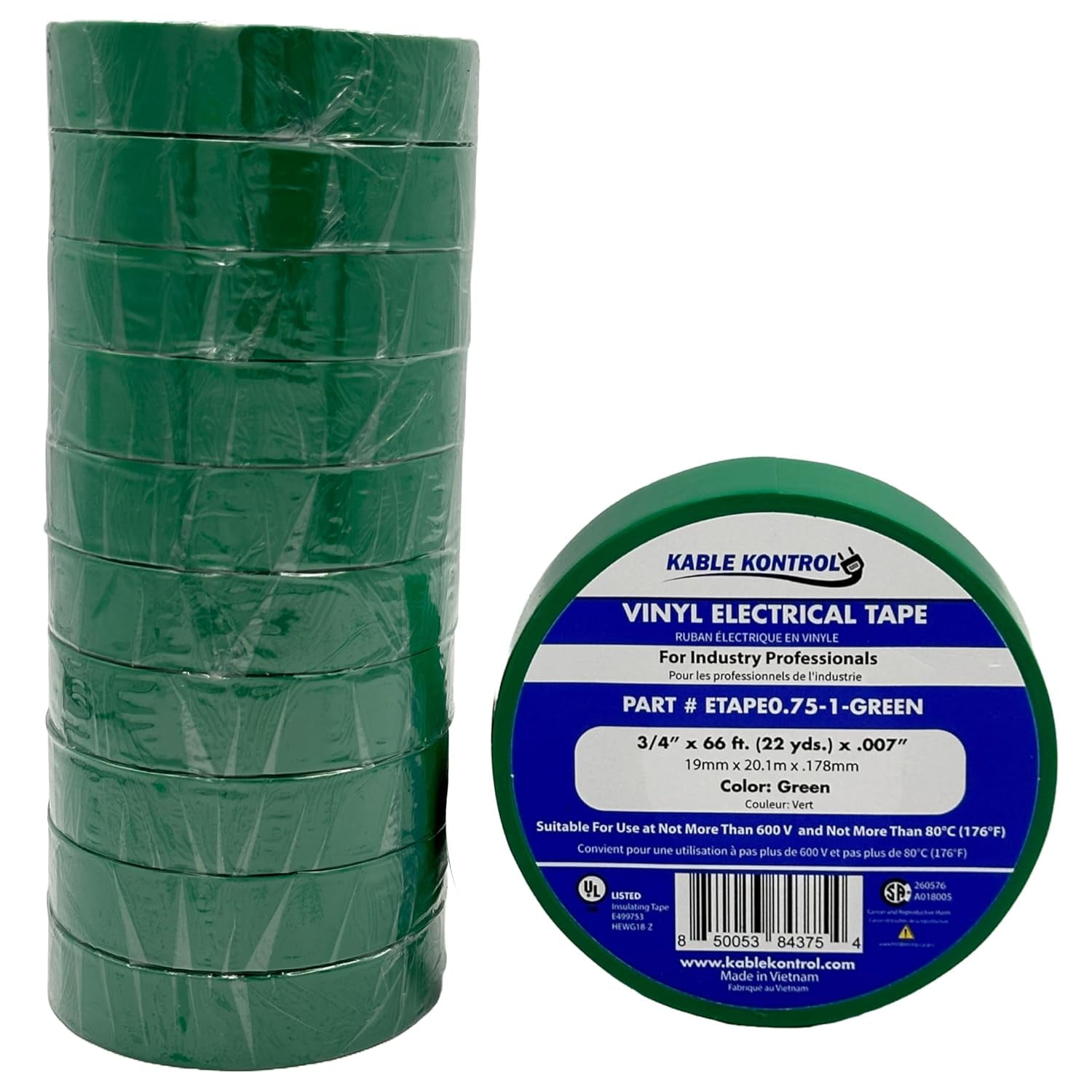 Kable Kontrol Green PVC Electrical Tape - 3/4" Wide x 66' Long - 10 pc