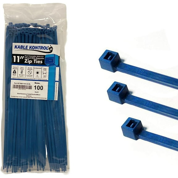Kable Kontrol Metal Detectable Zip Ties - 11" Long - 50 Lbs Tensile Strength - 100 pc Pack - Blue