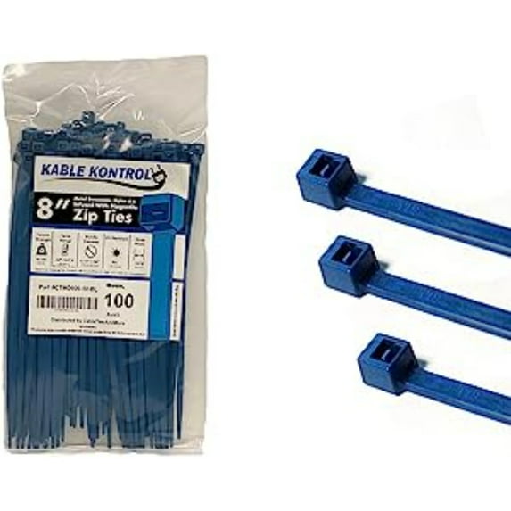 Kable Kontrol Metal Detectable Zip Ties - 8" Long - 50 Lbs Tensile Strength - 100 pc Pack - Blue