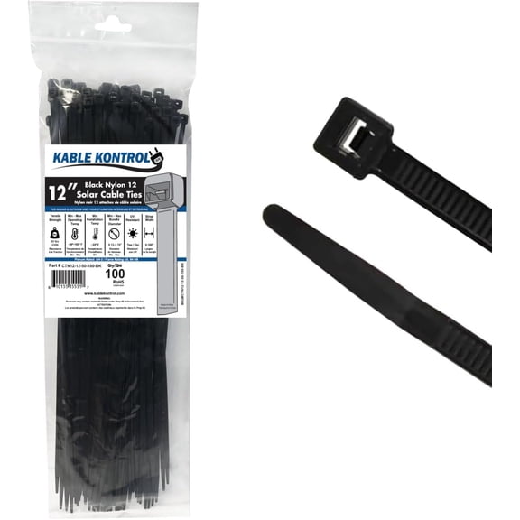 Kable Kontrol Nylon 12 Solar Cable Ties - 12" Long - 50 lbs Tensile Strength - 100 Pcs - Black