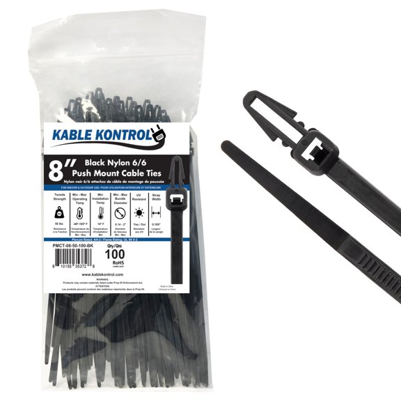 Kable Kontrol Push Mount Cable Ties - 8" Long - 50 Lbs Tensile Strength - 100 Pcs - Black