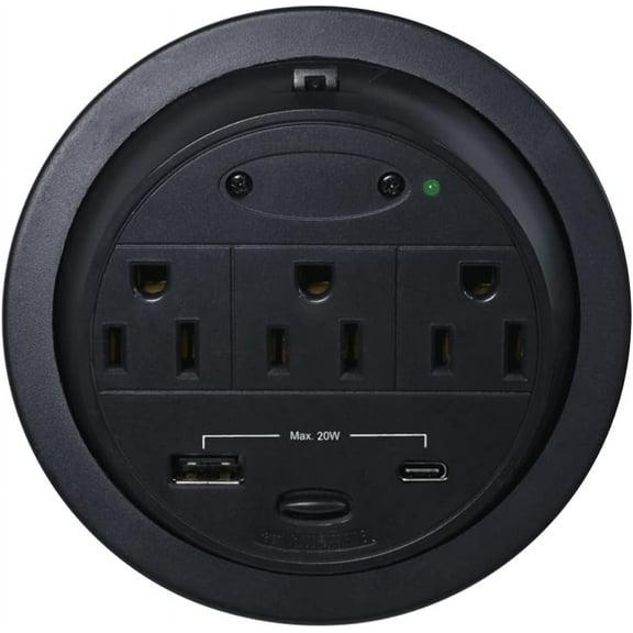 Kable Kontrol Recessed Power Grommet Desk Outlet, 3 AC Outlets,1 USB-A, 1 USB-C, 8’ Ft Power Cord, Flush Mount Fast Charging Station, for Office, Hotels – Black