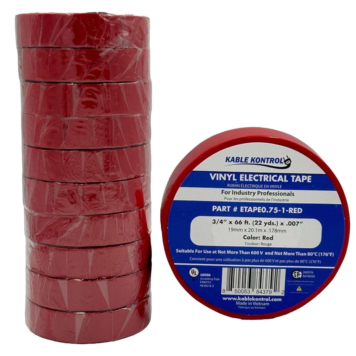 Kable Kontrol Red PVC Electrical Tape - 3/4" Wide x 66' Long - 10 pc