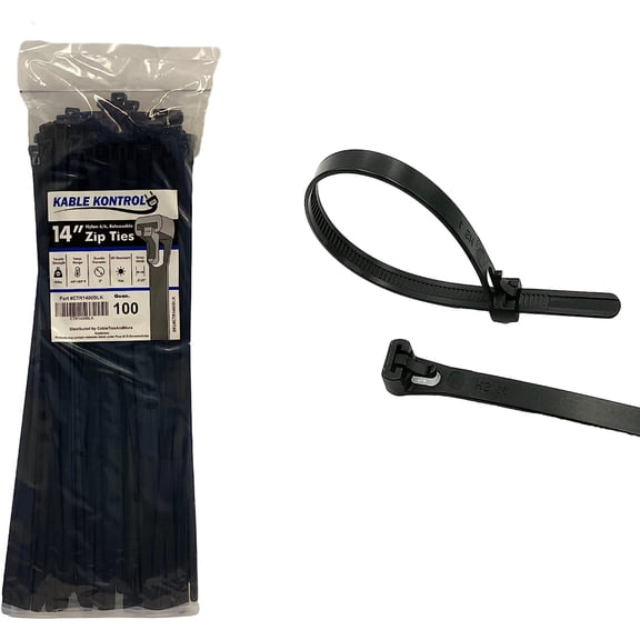 Kable Kontrol Releasable Reusable Zip Ties - 14" Long - 50 Lbs Tensile Strength - 100 pack - UV Black - ctr1400blk