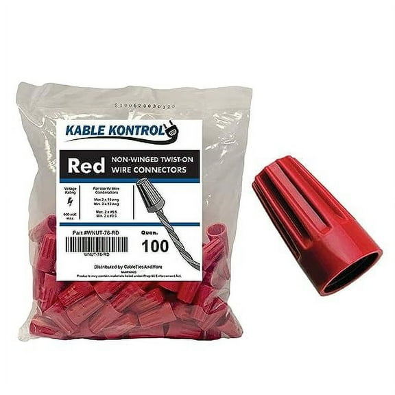 Kable Kontrol Twist on Electrical Wire Connectors - Non - Winged - Fits Wire 12 - 10 AWG - 100 Pcs - Red