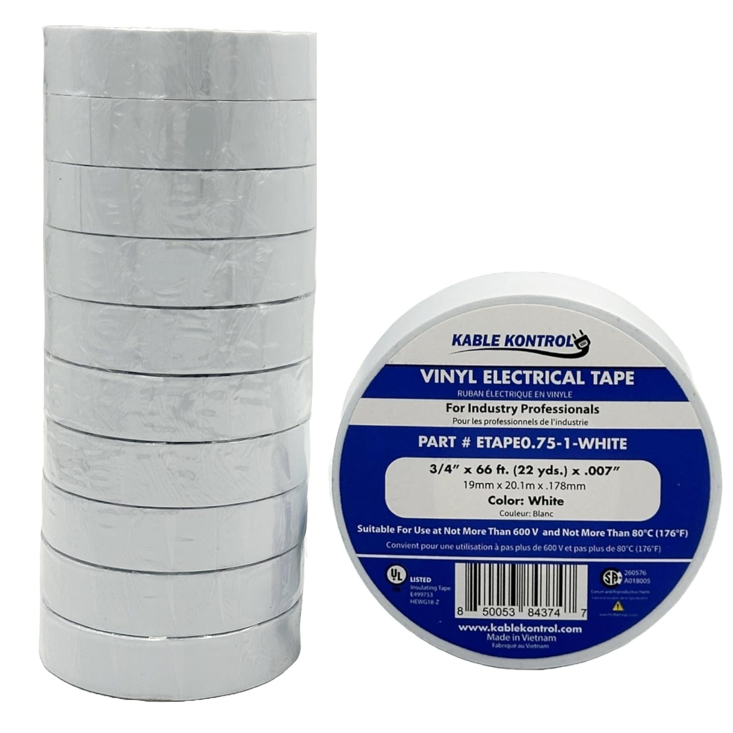 Kable Kontrol White PVC Electrical Tape - 3/4" Wide x 66' Long - 10 pc