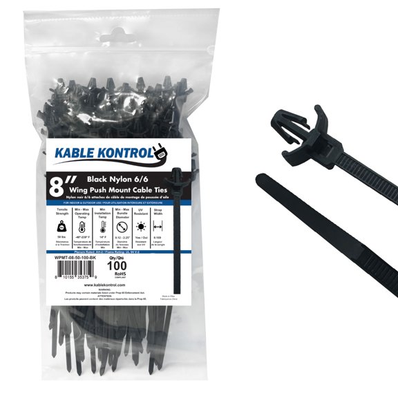 Kable Kontrol Wing Push Mount Cable Ties - 8" Long - 50 Lbs Tensile Strength - 100 Pcs - Black
