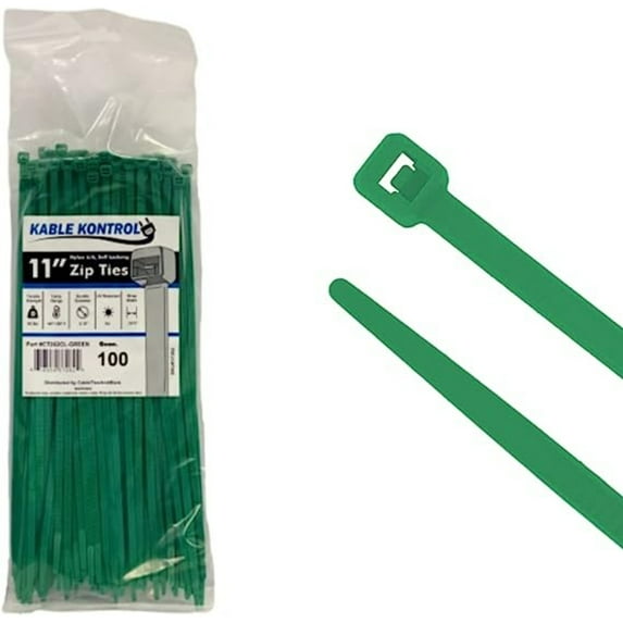 Kable Kontrol Zip Ties - 11" Long - 100 Pc Pk - Green color - Nylon - 50 Lbs Tensile Strength