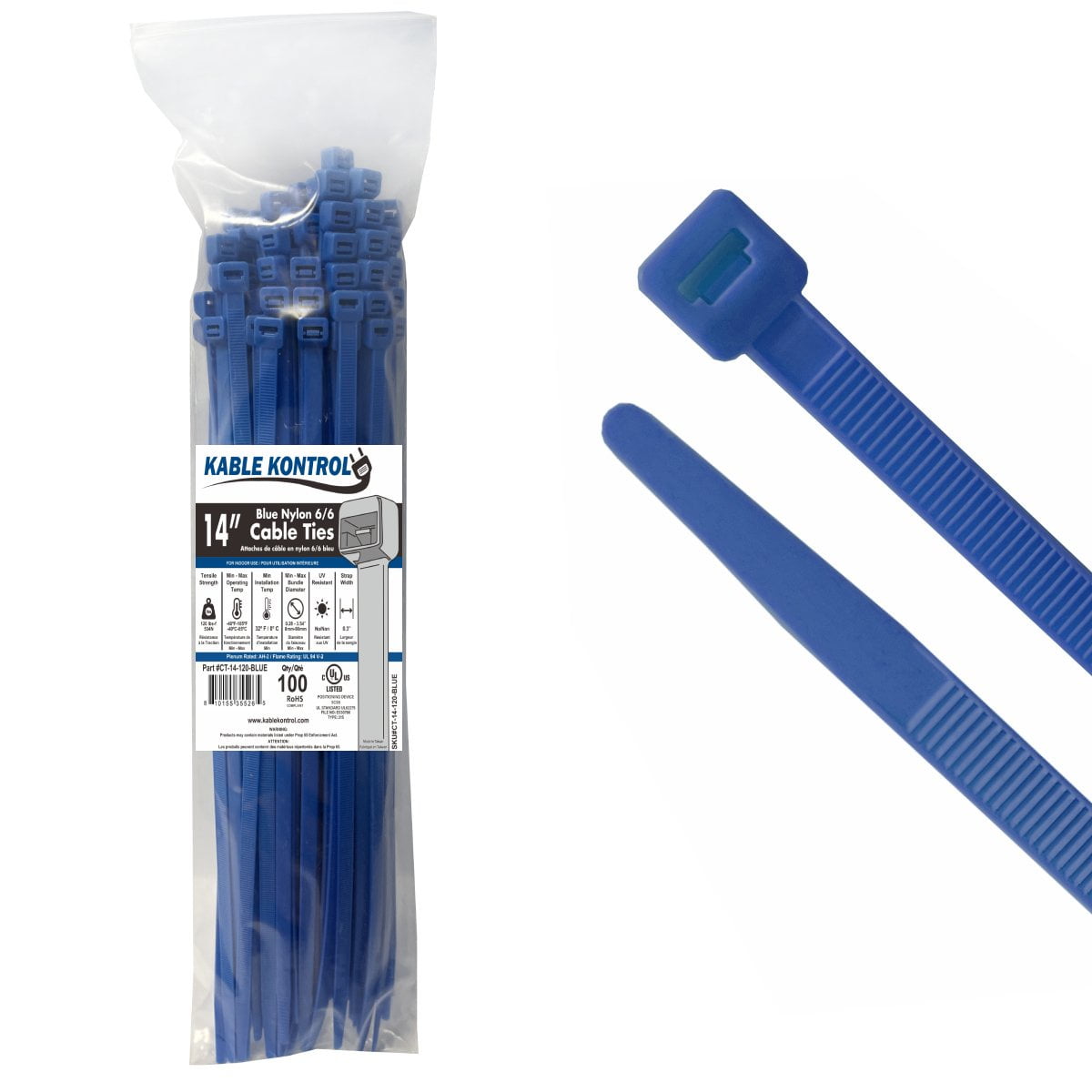 Kable Kontrol Zip Ties - 14" Long - 100 Pc Pk - Blue - Nylon - 120Lbs Tensile Strength