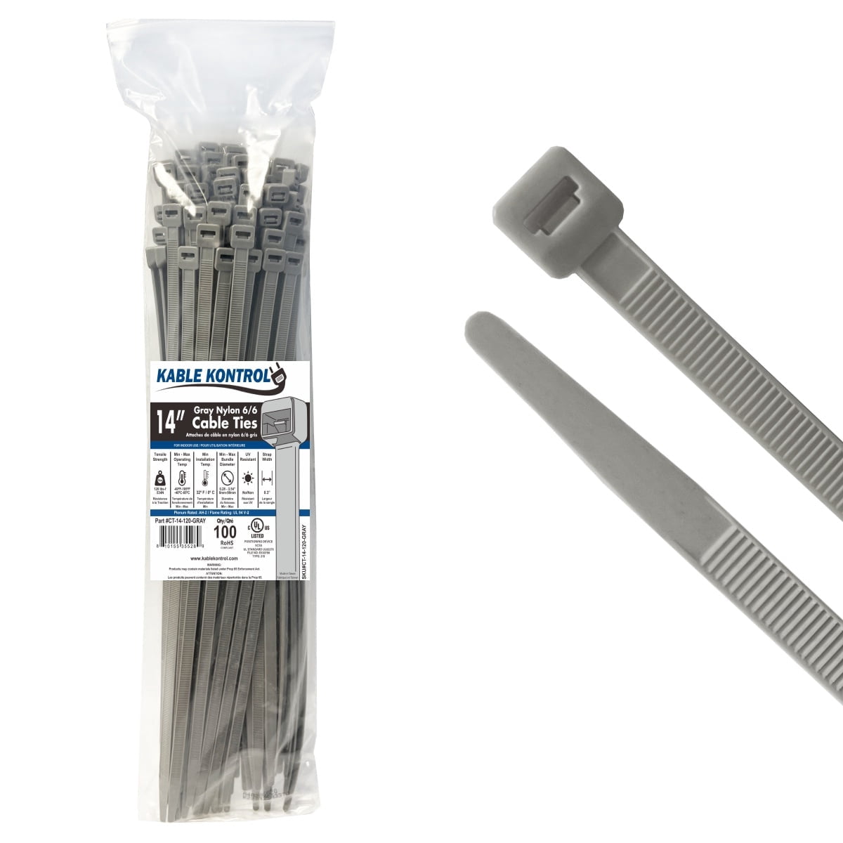 Kable Kontrol Zip Ties - 14" Long - 100 Pc Pk - Gray - Nylon - 120Lbs Tensile Strength