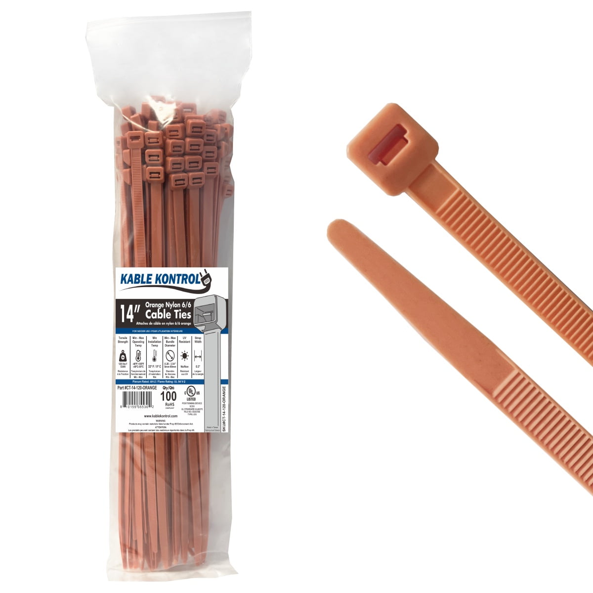 Kable Kontrol Zip Ties - 14" Long - 100 Pc Pk - Orange - Nylon - 120Lbs Tensile Strength