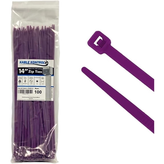 Kable Kontrol Zip Ties - 14" Long - 100 Pc Pk - Purple color - Nylon - 50 Lbs Tensile Strength