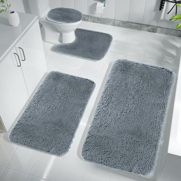 Kabnic Absorbent 4-Piece Microfiber Bath Rug Set | Non-Slip Bathroom Rug, Contour Mat & Toilet Seat Cover, Machine Washable, Dark Gray