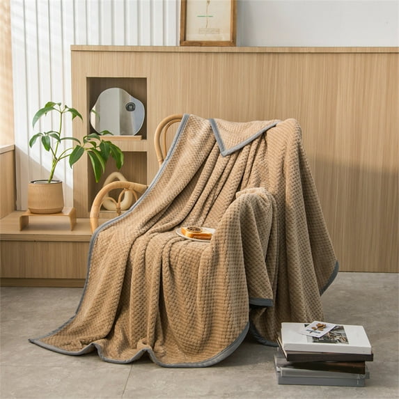 Kabnic Extra Large Fleece Throw Blanket | Super Soft, Warm & Lightweight | Waffle Textured Cozy Blanket for Couch, Sofa, and Bed, Khaki