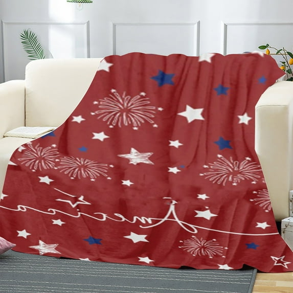 Kabnic July 4th Throw Blankets, Fireworks Celebration Patriotic Americana Stars Soft Fleece Blanket Decorative for Home Sofa Couch Chair Living Bedroom, Dark Red