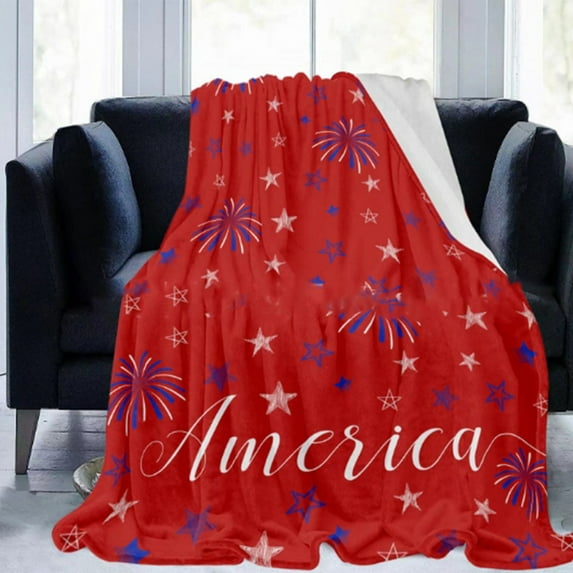 Kabnic July 4th Throw Blankets, Fireworks Celebration Patriotic Americana Stars Soft Fleece Blanket Decorative for Home Sofa Couch Chair Living Bedroom, Red