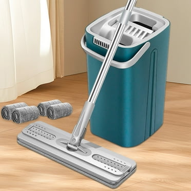 Kabnic Mop and Bucket with Wringer Set, Hands-Free Flat Floor Mop and Bucket, 4 Washable Microfiber Pads, Wet and Dry Use, Floor Cleaning System