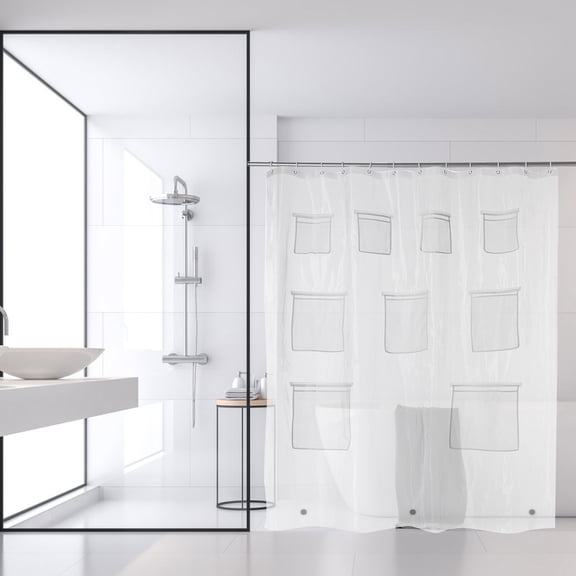 Kabnic PEVA Shower Curtain Liner with 9 Storage Pockets & 3 Magnets - Waterproof Lightweight Bathroom Curtain, 72x72 Inch with Rustproof Hooks for Shower Stall, Mold Resistant & Easy to Clean
