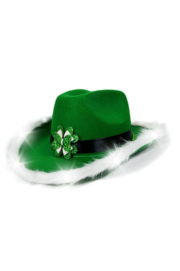 St. Patrick's Day Cowboy Hat, Green Irish Shamrocks Light Up Cowgirl Hat for Girls, Cowboy Hat with Feathers