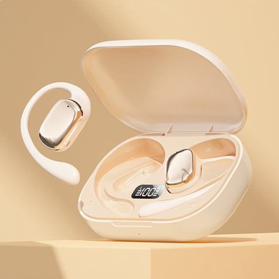 Kabnic Wireless Earbuds Open Ear Earhooks Headphones Bones Conduction Headphones Led Power Display Earphones Sport Bluetooth 5.4 Headphones, Beige