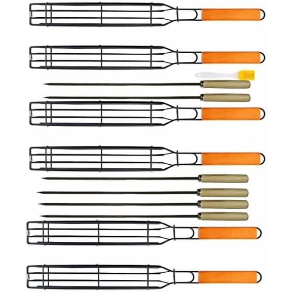 Kabob Grilling Set - 6 Non-Stick Grill Baskets & 6 Stainless Steel Skewers - Long Handle, 15.5 Inch, Steel$$Garden & Patio