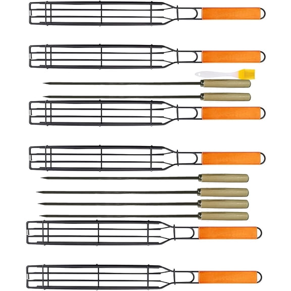 Kabob Grilling Set - 6 Non-Stick Grill Baskets & 6 Stainless Steel Skewers - Long Handle, 15.5 Inch, Steel