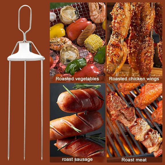 Kabob Skewers for Grilling, 14'' Stainless Steel 3-prong Metal Kebab Grill Skewers with Push Bar Slider, Skewer Sticks for Meat Veggies Shrimp Marshmallows Fruits, BBQ Barbecue Accessories