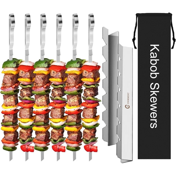 Kabob Skewers Stainless Steel Long BBQ Barbecue Skewers, Flat Metal Kebob Sticks Wide Reusable Grilling Skewers for Meat Chicken,Set of 9 Including 2 barbeecue rack with Storage Bag