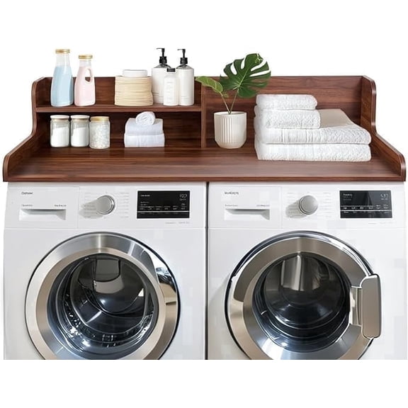 Kaboon 2-Tier Washer Dryer Countertop 58" W x 28" D x 12" H", Laundry Shelf Organizer, Dark Walnut