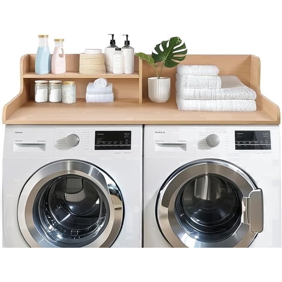 Kaboon 2-Tier Washer Dryer Countertop 58" W x 28" D x 12" H", Laundry Shelf Organizer, Light Walnut