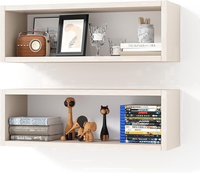 Kaboon 24" Floating Cube Shelves, Set of 2, Wall Mount Decorative Hanging Shelves, Beige Leather
