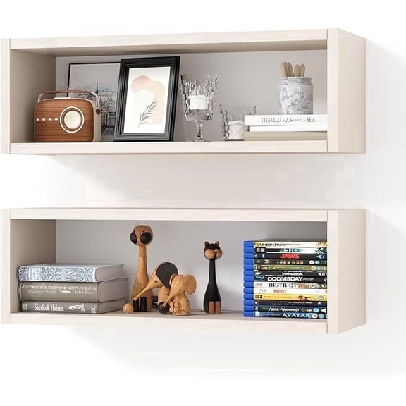 Kaboon 24" Floating Cube Shelves, Set of 2, Wall Mount Decorative Hanging Shelves, Beige Leather