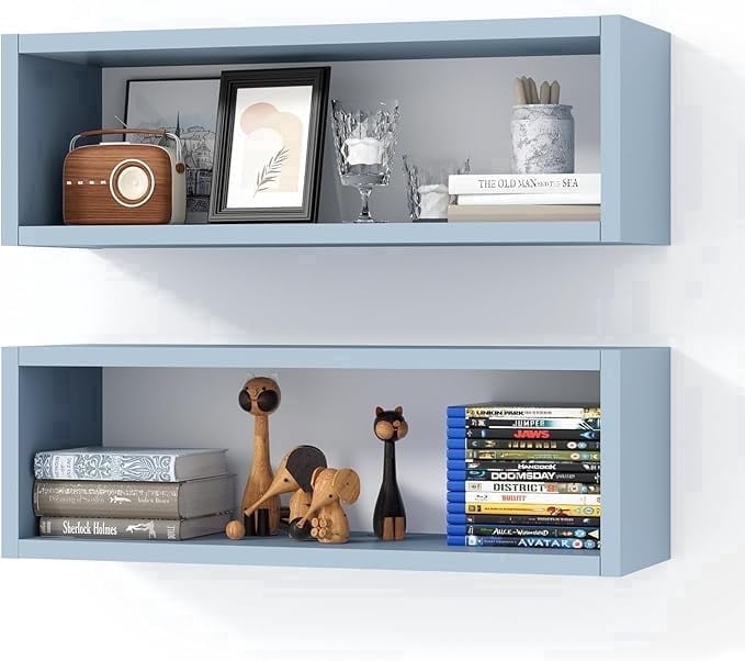 Kaboon 24" Floating Cube Shelves, Set of 2, Wall Mount Decorative Hanging Shelves, Peace Blue