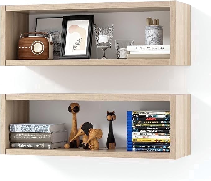 Kaboon 24" Floating Cube Shelves, Set of 2, Wall Mount Decorative Hanging Shelves, Oak
