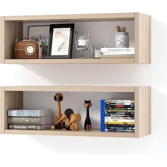 Kaboon 24" Floating Cube Shelves, Set of 2, Wall Mount Decorative Hanging Shelves, Oak