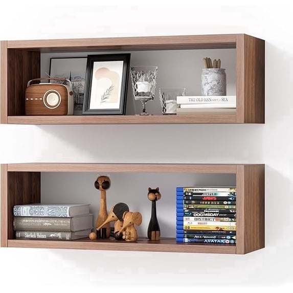 Kaboon 24" Floating Cube Shelves, Set of 2, Wall Mount Decorative Hanging Shelves, Dark Walnut