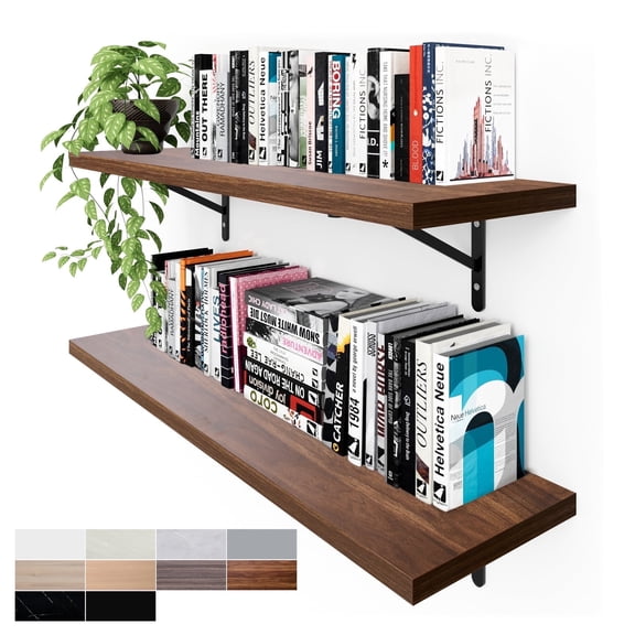 Kaboon 36 inch Long 10 inch Deep Floating Shelves for Wall Set of 2, Large Open Shelves Wall Mounted, Space Saving Home and Commercial Use, Dark Walnut