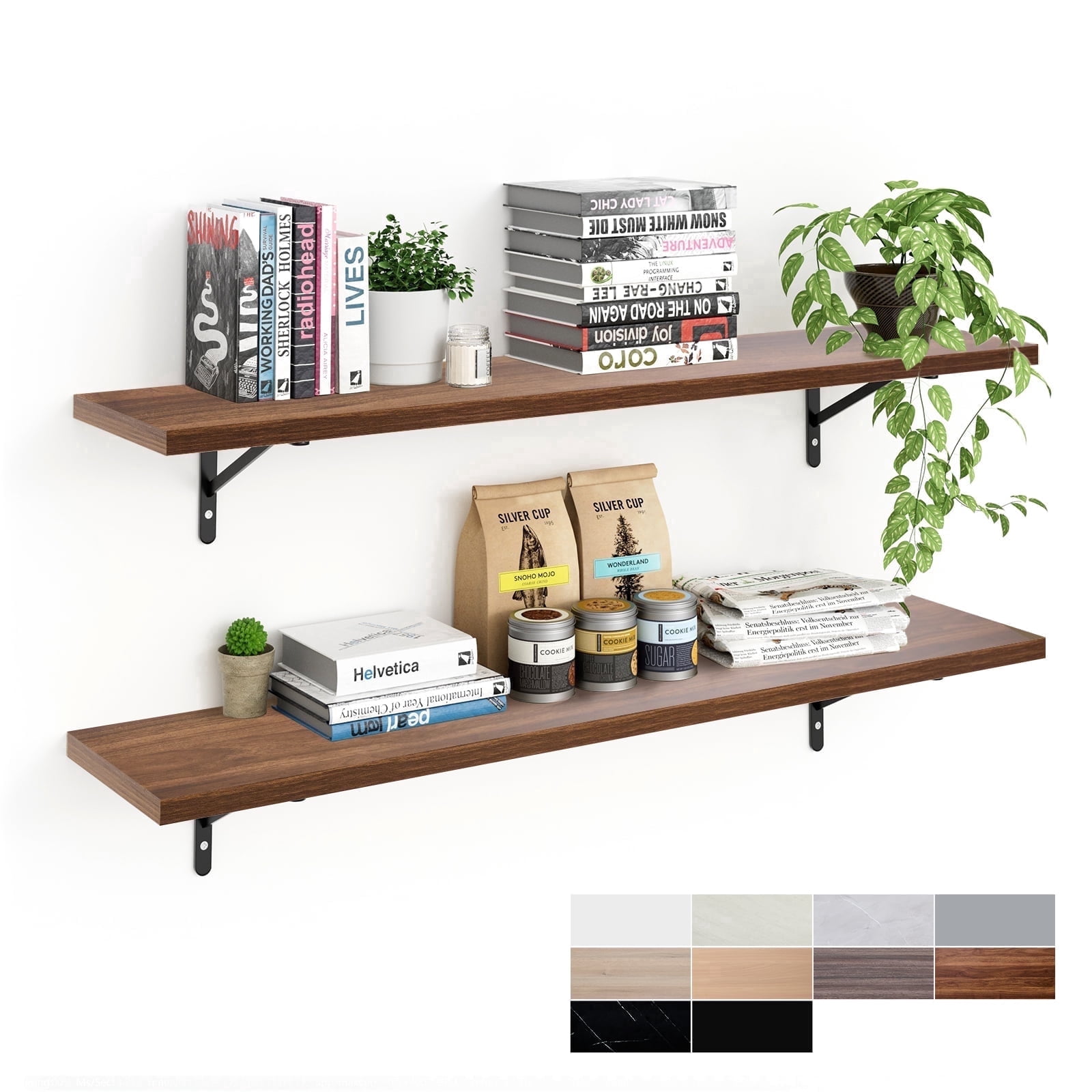 Kaboon 45inch Floating Shelves for Wall 10" D x 45" W Set of 2, Dark Walnut