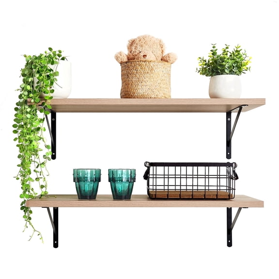 Kaboon 27 inch Long 10 inch Deep Floating Shelves for Wall Set of 2, Large Open Shelves Wall Mounted, Space Saving Home and Commercial Use, Oak
