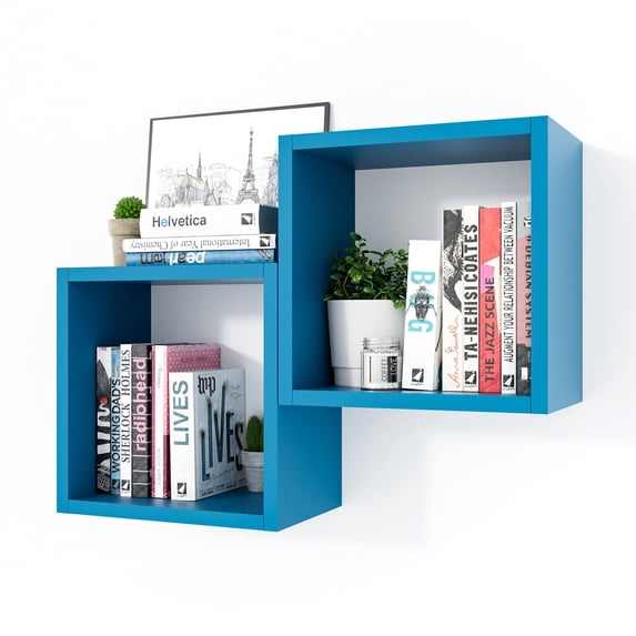 Kaboon Wall Mount Cube Shelf Set of 2, 12.5x12.5x7.87, Model-Cube-Shelf, Cyan