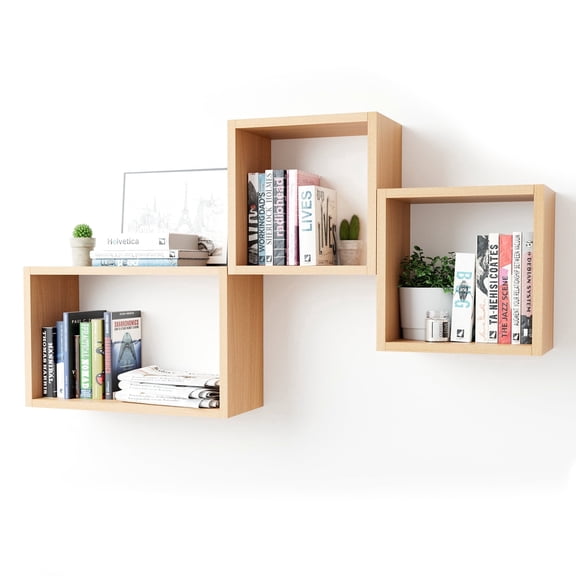 Kaboon Wall Mount Cube Shelf Set of 3,19.75x12.5x7.75, Model-Cube-Shelf, Light Walnut