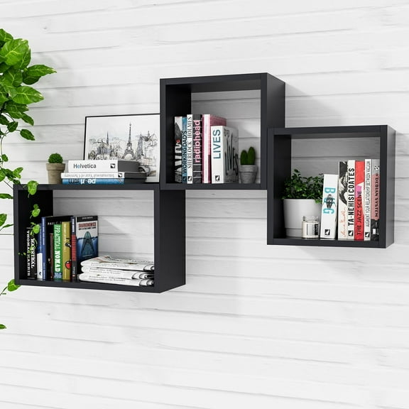 Kaboon Wall Mount Shelf Set of 3, Floating Cube Shelves for Space Discovery Home and Commercial Use, Large Size Shelves Set, Black