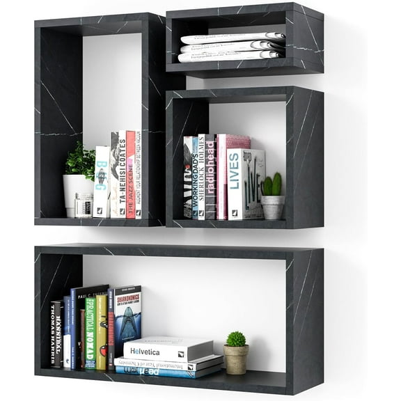 Kaboon Wall Mount Shelf Set of 4, Floating Cube Shelves for Space Discovery Home and Commercial Use, Large Size Shelves Set, Cloud Atlas/Black Marble