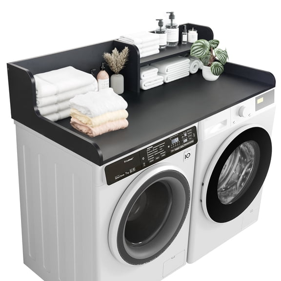 Kaboon Washer Dryer Countertop 2 Tier 54 inches Wide, Laundry Shelf Topper with Edge, 54" W x 28" D x 12" H Laundry Space Organizer, Black