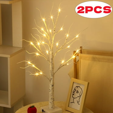 Lighted Birch Tree - Set of 2 Tree Indoor Decorations, Battery Operated Mini Artificial Tree with Warm White Lights (2FT)